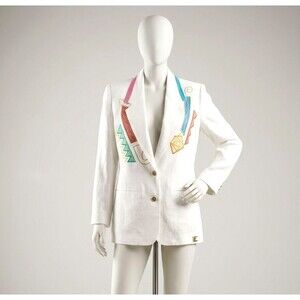 Vtg 80s 90s Geometric Embroidered Blazer Jacket White Abstract Art-To-Wear USA M